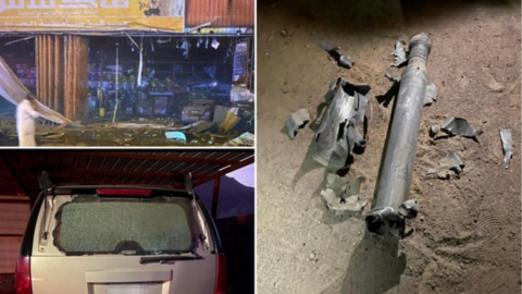 Un taller resulta dañado después de que un proyectil golpeara Samtah (arriba a la izquierda), el vehículo dañado en una aldea vecina de Najran y los restos del proyectil en Najran (derecha). (SPA)