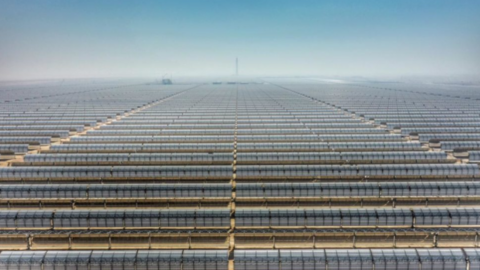 Vista aérea de campo solar de colectores cilindroparabólicos en el Mohammed bin Rashid Al Maktoum Solar Park, en Emiratos Árabes.