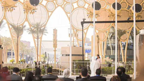 Gabriela Rodríguez durante su discurso en la Plaza Al Wasl. (Twitter)