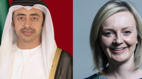 El ministro de Asuntos Exteriores de Emiratos Árabes Unidos, el jeque Abdullah bin Zayed, mantuvo una llamada telefónica con su homóloga británica, Liz Truss. (WAM)