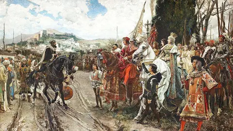 'La rendición de Granada', obra de Francisco Pradilla, representa la entrega de las llaves de la ciudad de Granada por el rey musulmán Boabdil a la reina Isabel I de Castilla y al rey Fernando II de Aragón. (Wikipedia)