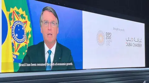 Bolsonaro, durante su intervención virtual en Global Business Forum Latin America. (@DcgbForums)