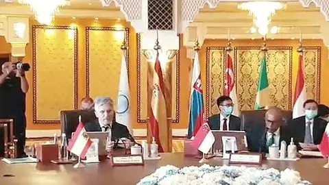 Captura de la participación del ministro del Interior español, Fernando Grande-Marlaska, en la reunión en Dubai de la Alianza Internacional para la Seguridad. (Ministerio del Inteior)