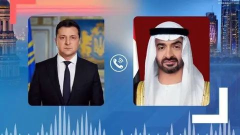 El príncipe heredero de Abu Dhabi y el presidente de Ucrania. (WAM)