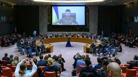 Volodymyr Zelenskyy se dirige a la reunión del Consejo de Seguridad sobre la situación en Ucrania. (Loey Felipe/ ONU)