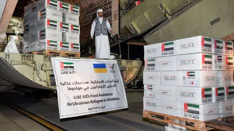 Material de ayuda enviado por Emiratos a ucranianos en Moldavia. (WAM)