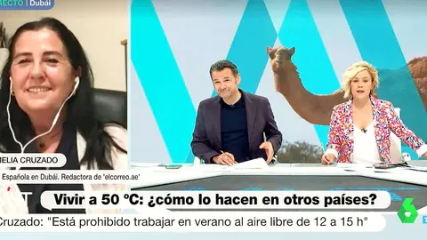La periodista Amelia Cruzado -izquierda- contesta desde Dubai las preguntas de ,  Cristina Pardo e Iñaki López durante su intervención en el programa 'Más vale tarde' de La Sexta de España.