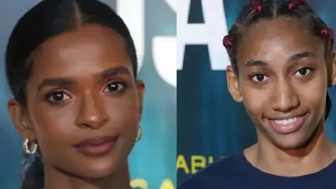 Las boxeadoras Ramla Ali (izquierda) y Crystal García Nova (derecha) durante una conferencia de prensa en el Hotel Shangri-La en Jeddah. (Al Arabiya)