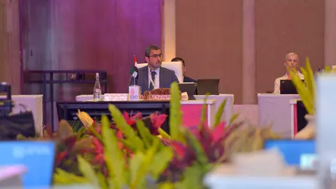 El subsecretario de Asuntos de Energía y Petróleo del Ministerio de Energía e Infraestructura de los EAU, Sharif Salim Al-Olama, habla en la Reunión Ministerial de Transiciones Energéticas del G20. (WAM)