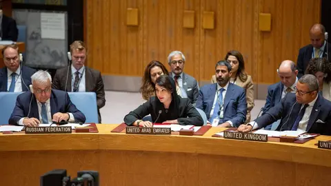 Reem bint Ibrahim Al Hashimy, ministra de Estado de Cooperación Internacional de Emiratos Árabes Unidos durante su intervención en la ONU este viernes. (WAM)