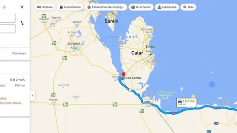 Captura de pantalla del viaje terrestre desde Abu Dhabi a Qatar. (Google Maps)