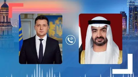El presidente de EAU junto al de Ucrania. (WAM)
