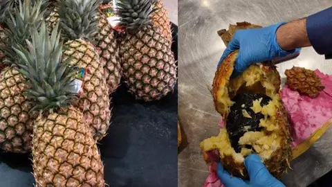 La Aduana de Dubai difundió esta imagen de la marihuana dentro de las piñas.