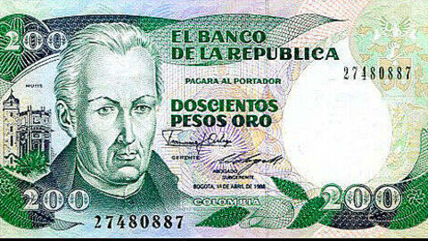 Billete colombiano de 200 pesos con el retrato de Celestino Mutis.
