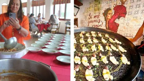 La popular fabada del Seville's izquierda- y exquisita fideuá de Lola. (EL CORREO)