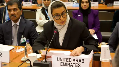 La ministra emiratí durante su intervención en la Onu. (WAM)