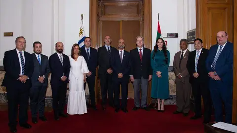 Un momento de la reunión de Al Jarwan con el presidente Lacalle. (Twitter)