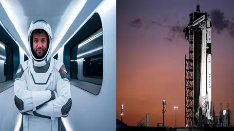 El astronauta emiratí junto a la nave de Space X. (WAM)