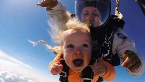 Una imagen de los bebés saltando en paracaídas. (Facebook)