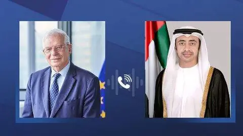 El representante europeo y el ministro de Exteriores de EAU. (WAM)