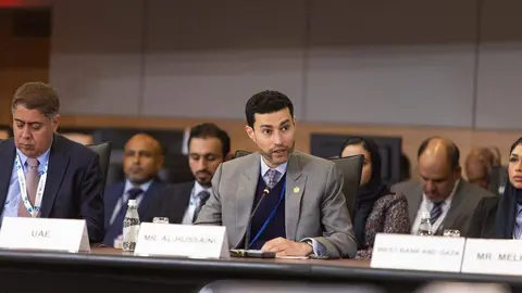 Mohamed Hadi Al Hussaini, ministro de Estado de Asuntos Financieros de EAU durante su intervención. (WAM)