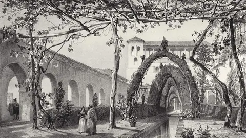 Un grabado romántico del Patio de la Acequia, de Girault De Prangey, Año 1836 (Imagen cedida por José Tito Rojo)