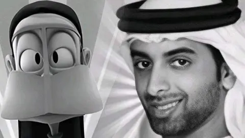 Majid Al Falasi junto con el personaje de 'Freej' 'Um Saeed'. (Fuente externa)