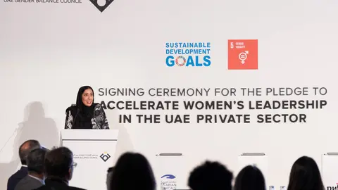 La jequesa Manal bint Mohammed bin Rashid Al-Maktoum, presidenta del Consejo de Equilibrio de Género de EAU. (WAM)
