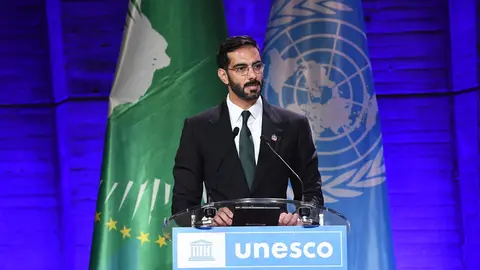 El ministro de Cultura y Juventud de EAU durante un evento organizado por el Grupo Africano en la sede de la UNESCO en París. (WAM)