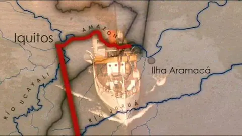 Indiana Jones viajó desde Iquitos en Perú hasta la isla Aramacá en Brasil, en donde se desarrolla la parte concluyente del relato.