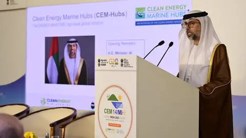 El ministro de Energía e Infraestructura de EAU, Suhail bin Mohammed Al Mazrouei, durante un evento en julio de 2023 en la ciudad india de Goa.
(WAM)