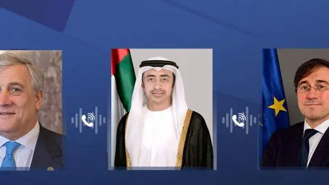 De izquierda a derecha los ministros de Exteriores de Italia, EAU y España. (WAM)