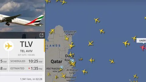 Una captura de pantalla de Flightradar de un vuelo de Emirates de Dubai a Tel Aviv este jueves.