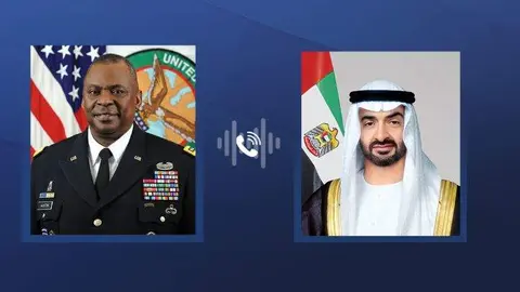 El presidente de Emiratos junto al secretario de Defensa de Estados Unidos. (WAM)