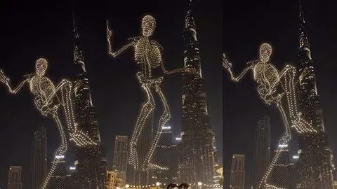 Una composición del esqueleto de Halloween con el Burj Khalifa al fondo. (Fuente externa)
