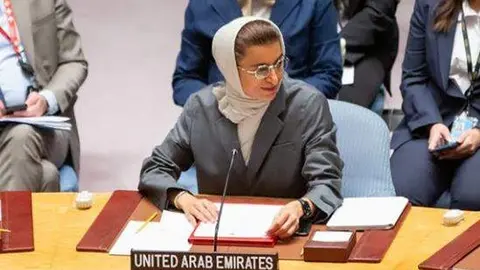 La ministra Al Kaabi durante una intervención en el Consejo de Seguridad de la ONU. (WAM)