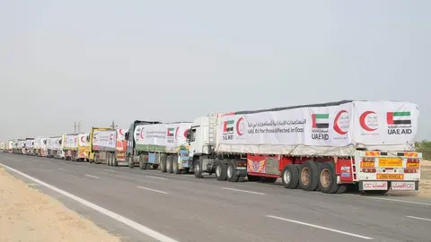 Los camiones de ayuda de Emiratos se dirigen a Gaza. (WAM)