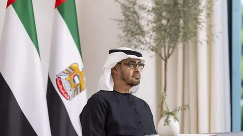 El presidente emiratí durante la cumbre virtual del G20. (WAM)