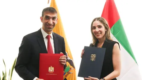 El ministro de Comercio Exterior de EAU y la ministra ecuatoriana de Producción, Comercio Exterior, Inversiones y Pesca. (X)