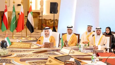 Mohamed Hadi Al Hussaini -izquierda-, durante la cumbre en Doha. (WAM)