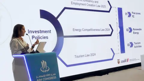 La ministra ecuatoriana durante su intervención en Abu Dhabi. (Richard Ramos)