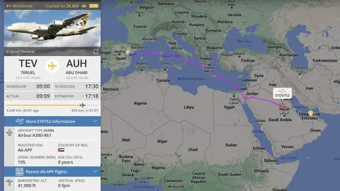 El seguimiento del vuelo de Etihad desde España a Abu Dhabi. (Flightradar24)