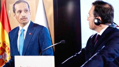 Comparecencia de los ministros de Exteriores de Qatar y España, Mohammed bin Abdulrahman bin Jassim Al Thani y José Manuel Albares. (moncloa.com)