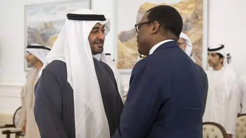 El jeque Mohamed bin Zayed junto al presidente del Grupo del Banco Africano de Desarrollo. (WAM)