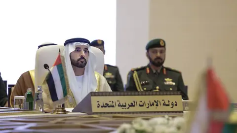 El jeque Hamdan durante la reunión de defensa del CCG. (WAM)