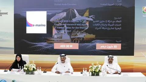 Un momento de la rueda de prensa de Idex 2025 este viernes. (WAM)