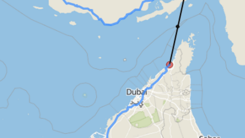 Distancia de Ras-Al-Dahrah, situado en el norte del emirato de Ras Al Khaimah, y el puerto iraní de Bandar Abbas.