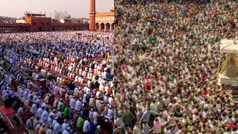 Dos imágenes multitudinarias que este año han coincidido en el tiempo: rezo en el Eid al Adha -izquierda- y procesión de la Virgen del Rocío. (Fuente externa)