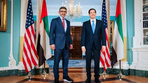 El jeque Abdullah y Marco Rubio en la capital de Estados Unidos. (WAM)