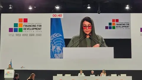 Un momento de la intervención de la ministra emiratí. (WAM)